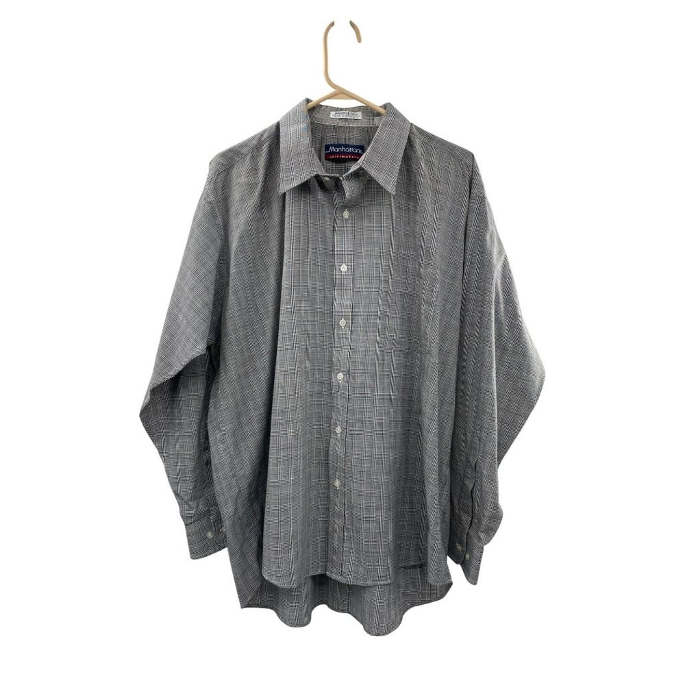 Manhattan Shirtmakers Dress Shirt Mens 17 1/2 34/35 Black Plaid Wrinkle Free